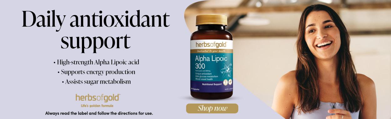 Herbs of Gold Alpha Lipoic 300 contains high-strength alpha Lipoic acid, an antioxidant that reduces free radicals formed in the body.