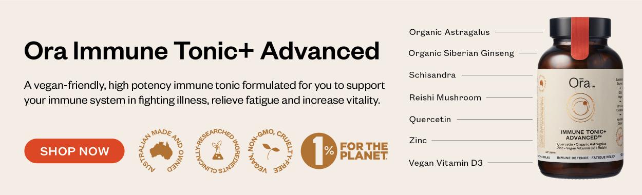 Ora Immune Tonic+ Advanced is a vegan-friendly, high potency immune tonic with organic Astragalus, Siberian ginseng, Quercetin, Zinc, Vegan Vitamin D3, medicinal herbs and Reishi mushroom